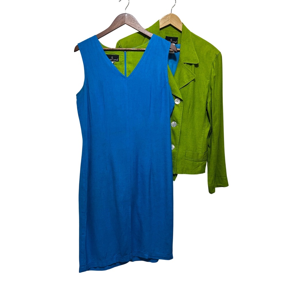 Carole Little 2‎ Piece Linen Blend Dress Jacket Set 14 Green Blue Career Chic